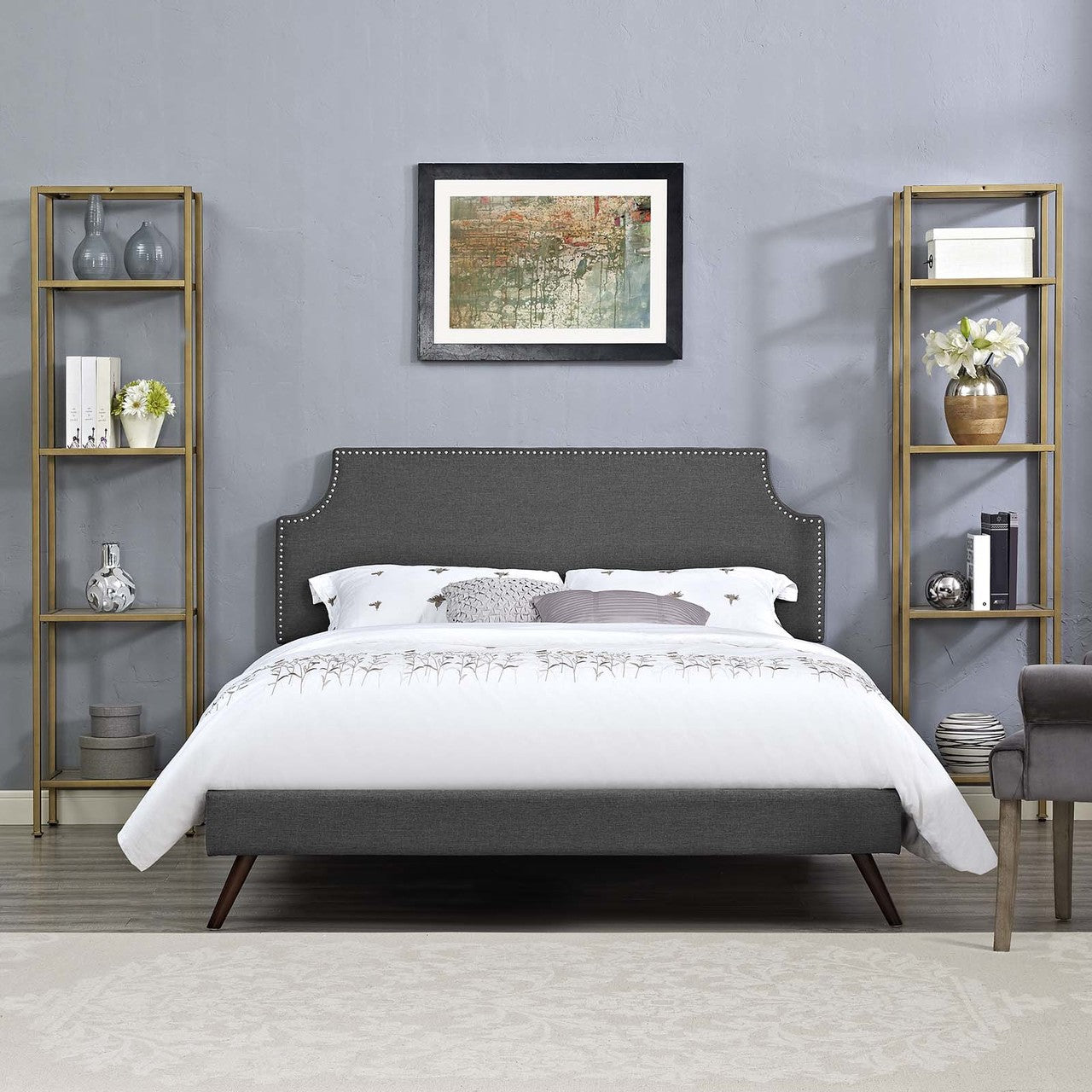 Corene Full Fabric Platform Bed with Round Splayed Legs, Full Size, Fabric Copper Nail Rivet, Grey Gray, 14611