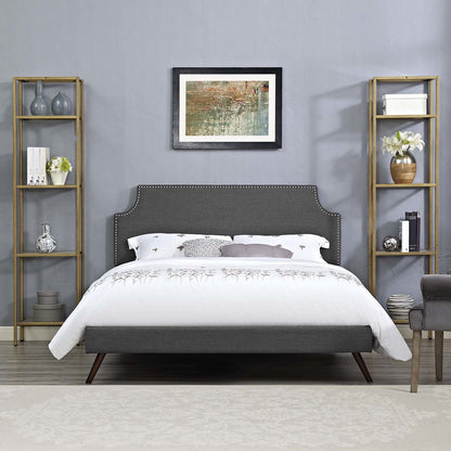 Corene Full Fabric Platform Bed with Round Splayed Legs, Full Size, Fabric Copper Nail Rivet, Grey Gray, 14611