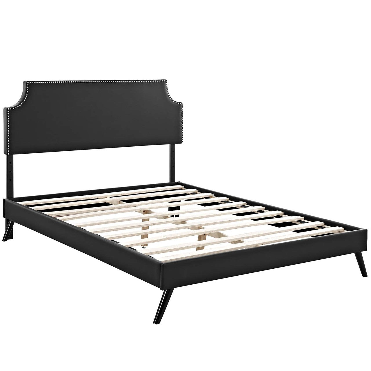 Corene Queen Vinyl Platform Bed with Round Splayed Legs, Queen Size, Faux Vinyl Leather, Black, 14612