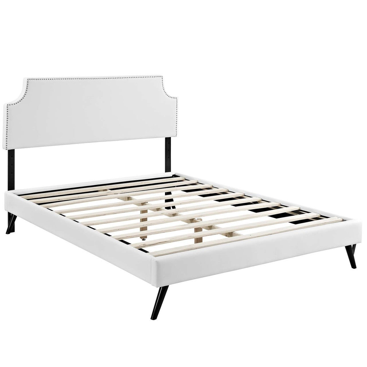 Corene Queen Vinyl Platform Bed with Round Splayed Legs, Queen Size, Faux Vinyl Leather, White, 14613