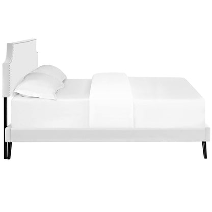 Corene Queen Vinyl Platform Bed with Round Splayed Legs, Queen Size, Faux Vinyl Leather, White, 14613