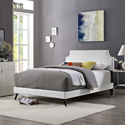 Corene Queen Vinyl Platform Bed with Round Splayed Legs, Queen Size, Faux Vinyl Leather, White, 14613