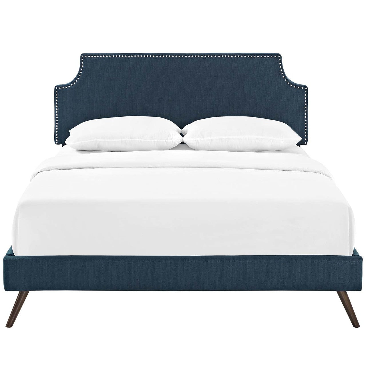 Corene Queen Fabric Platform Bed with Round Splayed Legs, Queen Size, Fabric Copper Nail Rivet, Navy Blue, 14614