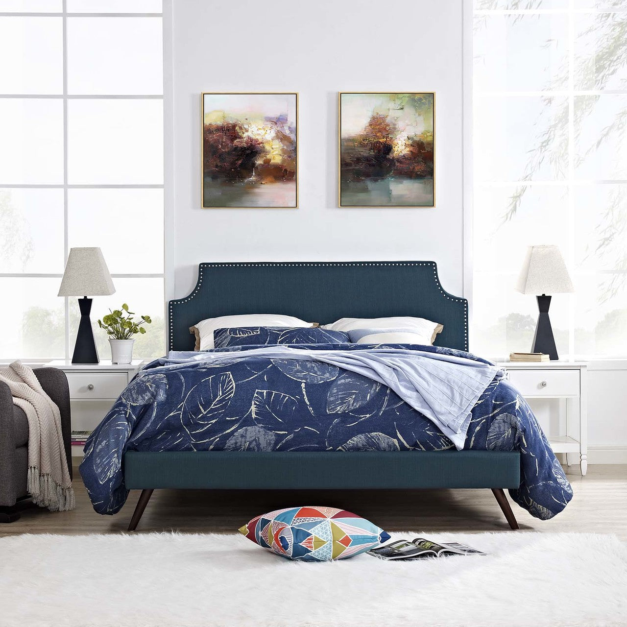 Corene Queen Fabric Platform Bed with Round Splayed Legs, Queen Size, Fabric Copper Nail Rivet, Navy Blue, 14614