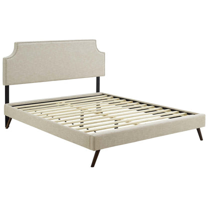 Corene Queen Fabric Platform Bed with Round Splayed Legs, Queen Size, Fabric Copper Nail Rivet, Beige, 14615
