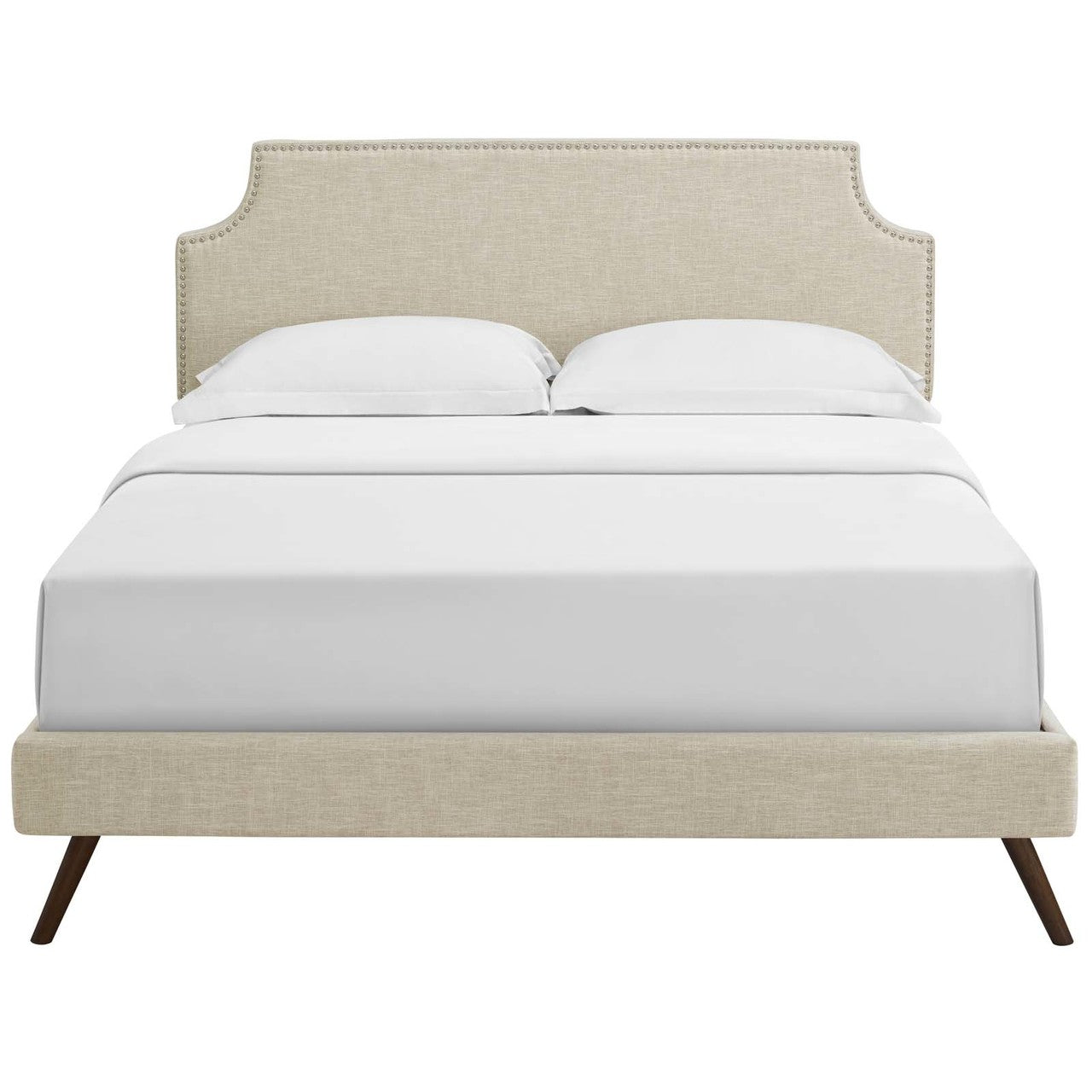 Corene Queen Fabric Platform Bed with Round Splayed Legs, Queen Size, Fabric Copper Nail Rivet, Beige, 14615