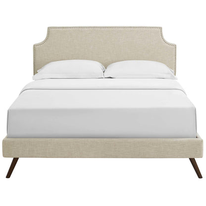 Corene Queen Fabric Platform Bed with Round Splayed Legs, Queen Size, Fabric Copper Nail Rivet, Beige, 14615