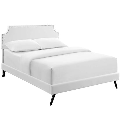 Corene King Vinyl Platform Bed with Round Splayed Legs, King Size, Faux Vinyl Leather, White, 14618