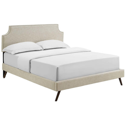 Corene King Fabric Platform Bed with Round Splayed Legs, King Size, Fabric Copper Nail Rivet, Beige, 14620