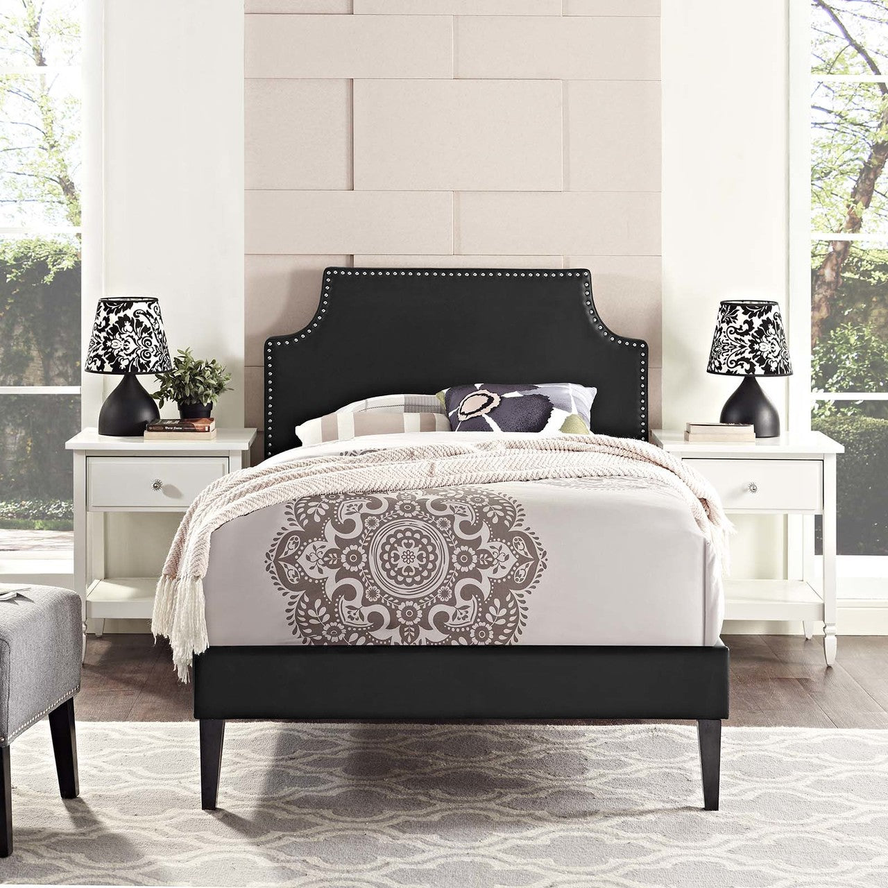 Corene Twin Vinyl Platform Bed with Squared Tapered Legs, Twin Size, Faux Vinyl Leather, Black, 14622