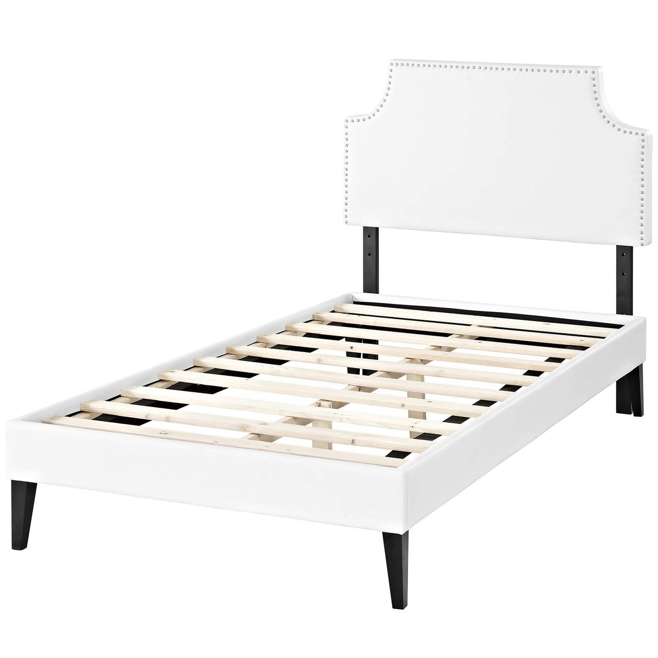 Corene Twin Vinyl Platform Bed with Squared Tapered Legs, Twin Size, Faux Vinyl Leather, White, 14623