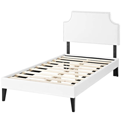 Corene Twin Vinyl Platform Bed with Squared Tapered Legs, Twin Size, Faux Vinyl Leather, White, 14623