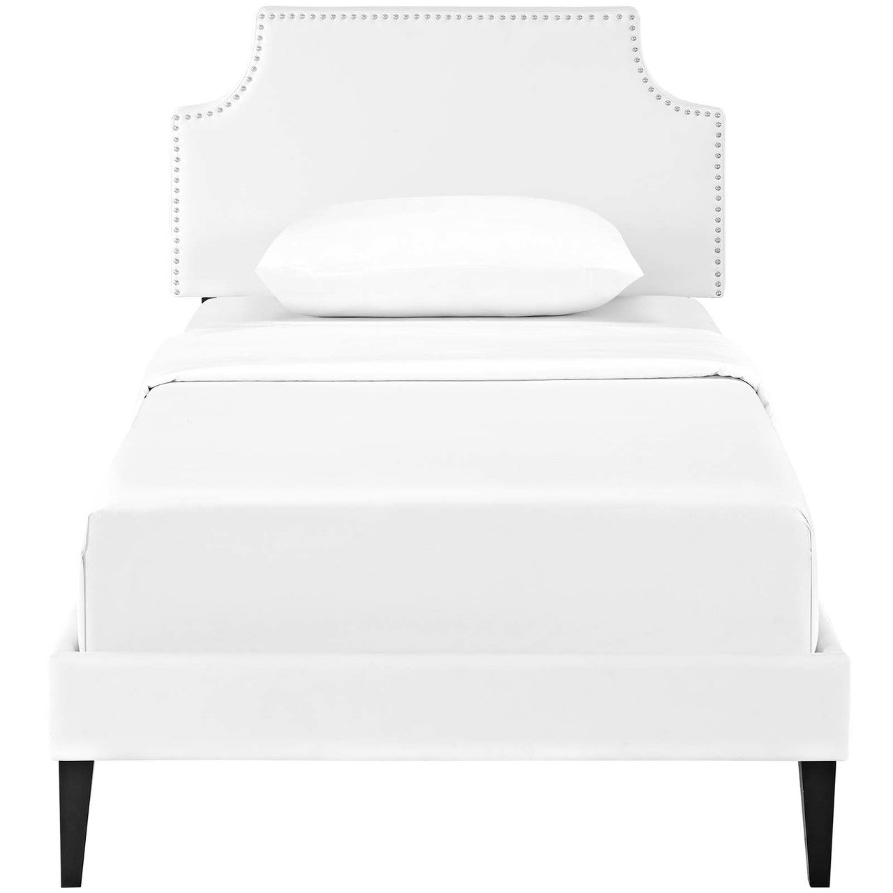 Corene Twin Vinyl Platform Bed with Squared Tapered Legs, Twin Size, Faux Vinyl Leather, White, 14623