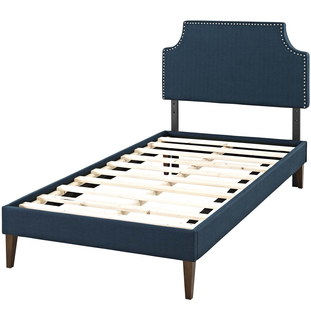 Corene Twin Fabric Platform Bed with Squared Tapered Legs, Twin Size, Fabric Copper Nail Rivet, Navy Blue, 14624
