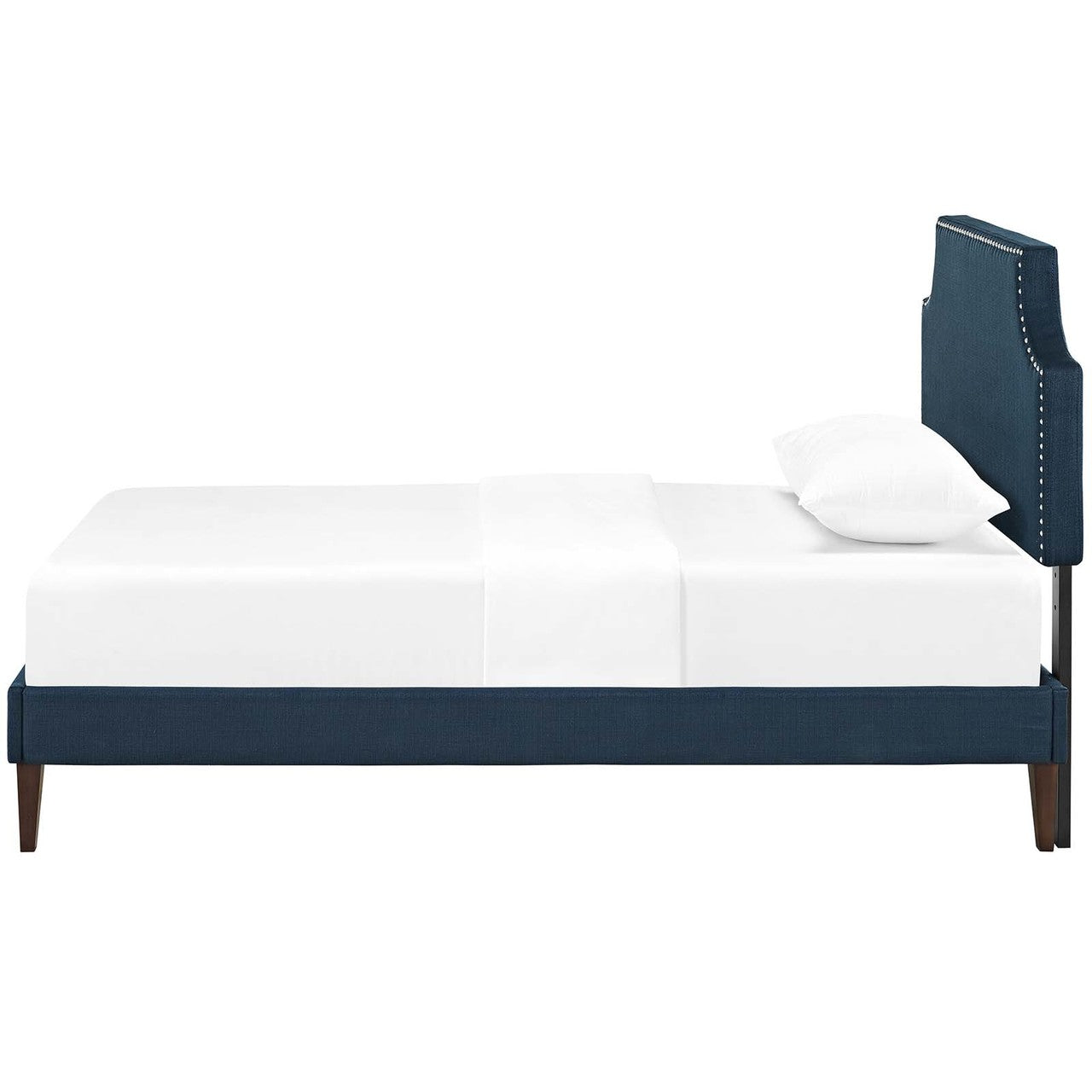 Corene Twin Fabric Platform Bed with Squared Tapered Legs, Twin Size, Fabric Copper Nail Rivet, Navy Blue, 14624