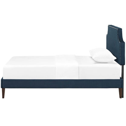 Corene Twin Fabric Platform Bed with Squared Tapered Legs, Twin Size, Fabric Copper Nail Rivet, Navy Blue, 14624
