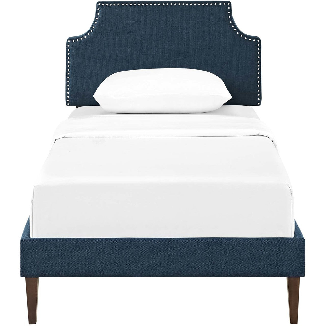 Corene Twin Fabric Platform Bed with Squared Tapered Legs, Twin Size, Fabric Copper Nail Rivet, Navy Blue, 14624