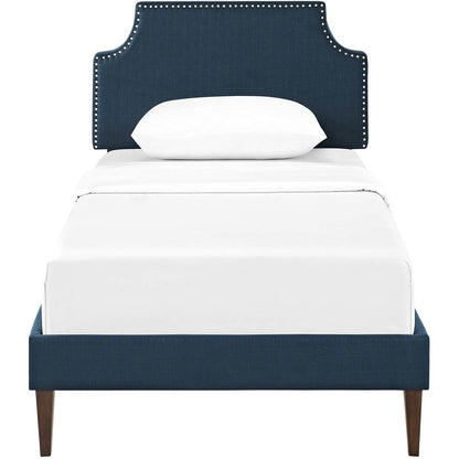 Corene Twin Fabric Platform Bed with Squared Tapered Legs, Twin Size, Fabric Copper Nail Rivet, Navy Blue, 14624