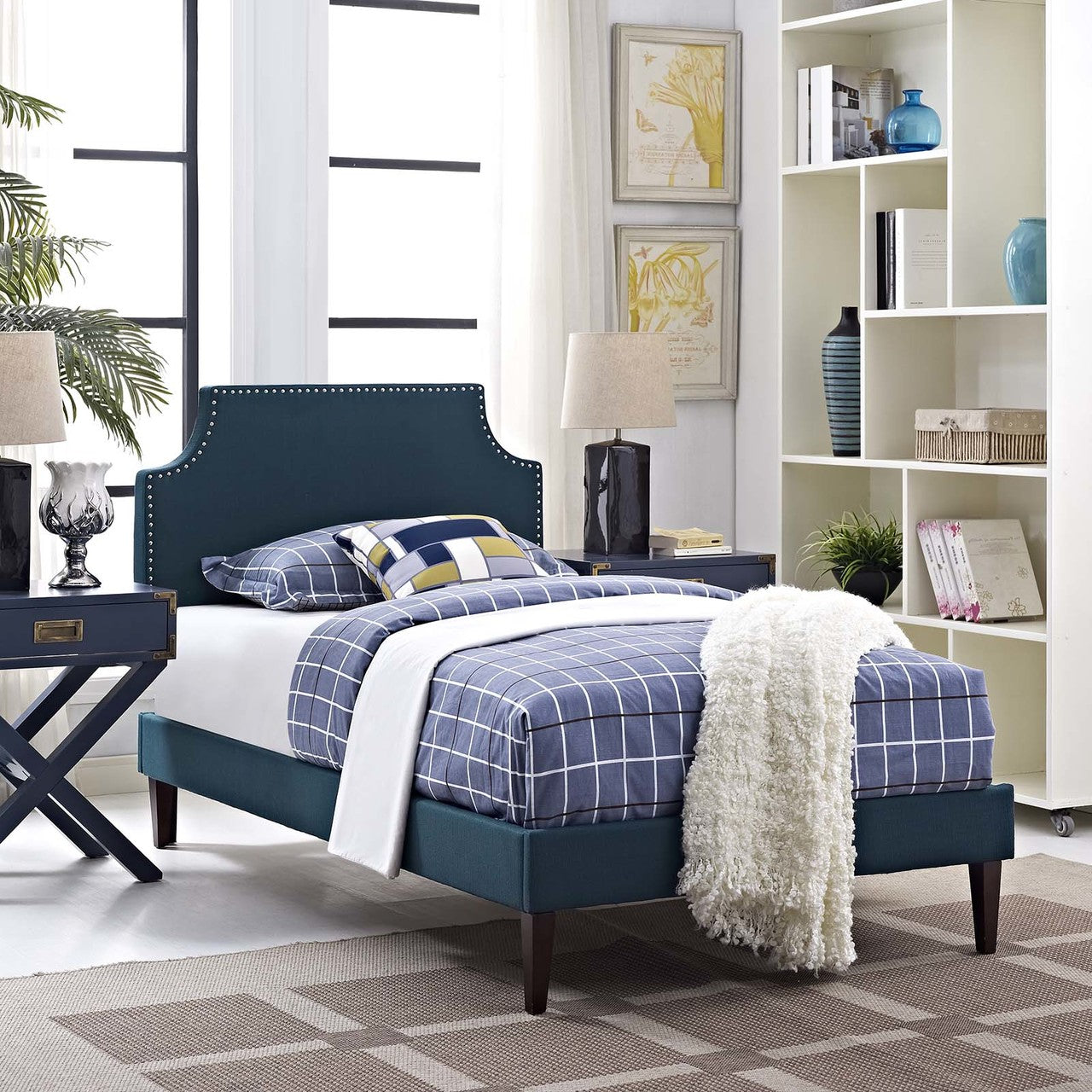 Corene Twin Fabric Platform Bed with Squared Tapered Legs, Twin Size, Fabric Copper Nail Rivet, Navy Blue, 14624