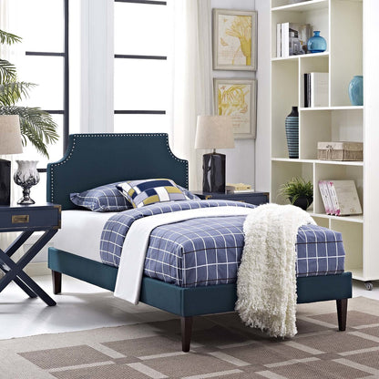 Corene Twin Fabric Platform Bed with Squared Tapered Legs, Twin Size, Fabric Copper Nail Rivet, Navy Blue, 14624