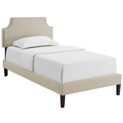 Corene Twin Fabric Platform Bed with Squared Tapered Legs, Twin Size, Fabric Copper Nail Rivet, Beige, 14625
