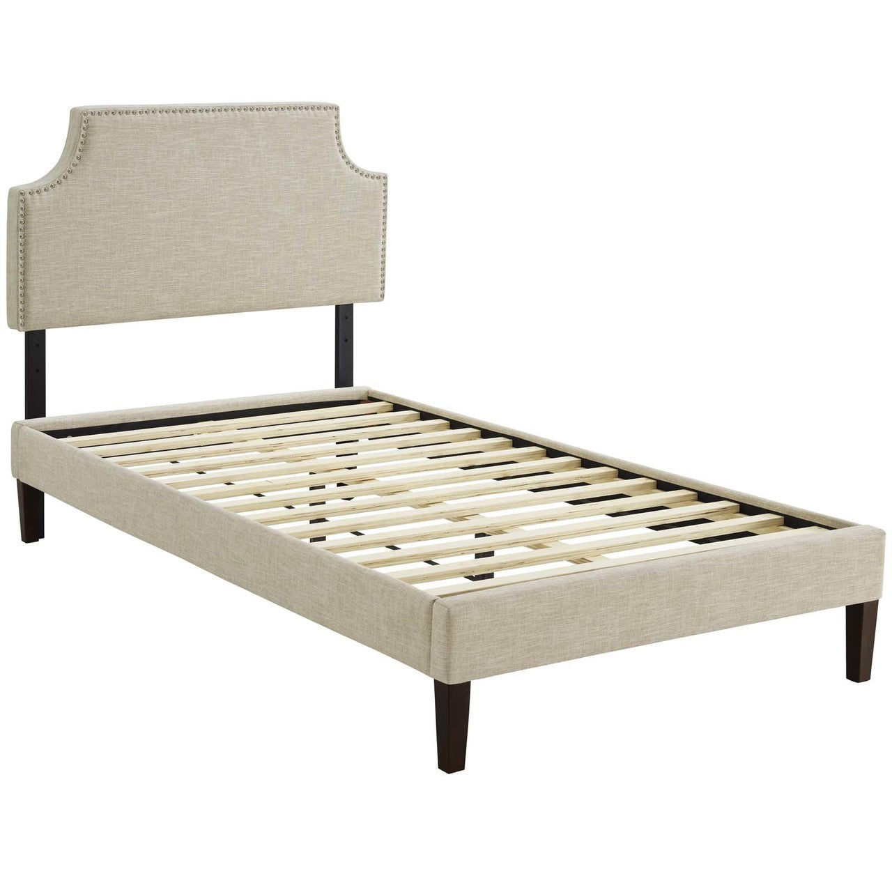 Corene Twin Fabric Platform Bed with Squared Tapered Legs, Twin Size, Fabric Copper Nail Rivet, Beige, 14625