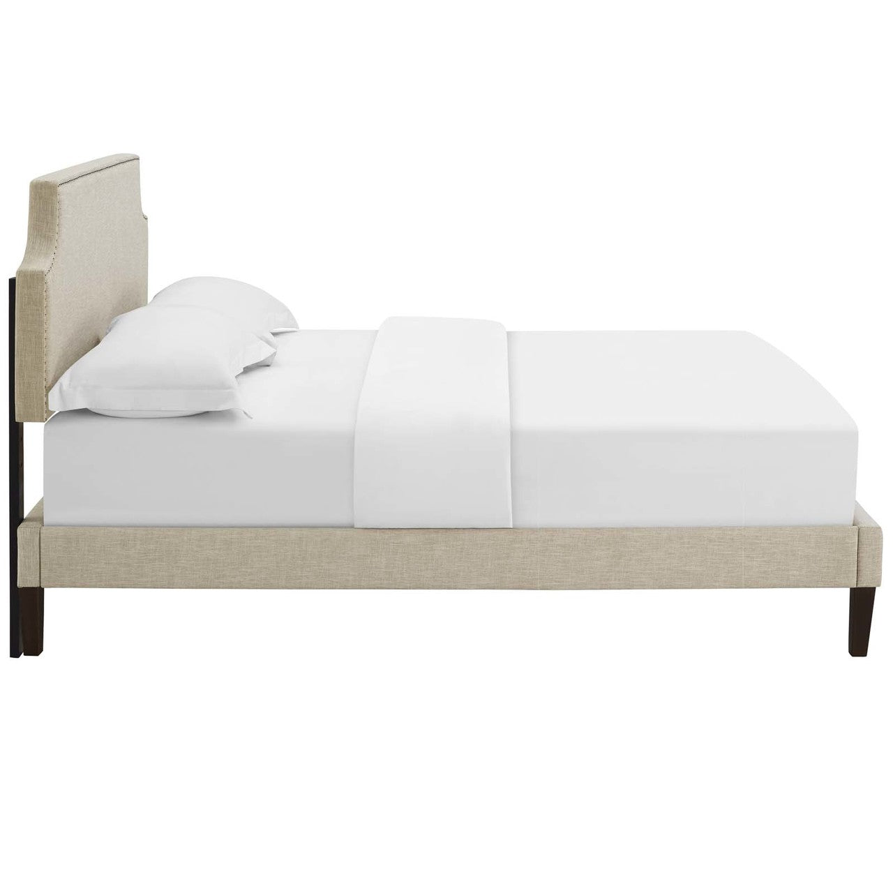 Corene Twin Fabric Platform Bed with Squared Tapered Legs, Twin Size, Fabric Copper Nail Rivet, Beige, 14625