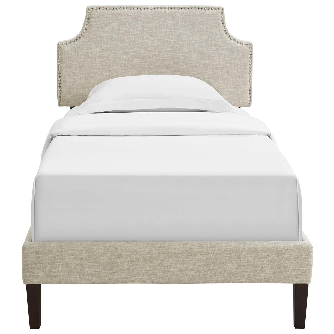 Corene Twin Fabric Platform Bed with Squared Tapered Legs, Twin Size, Fabric Copper Nail Rivet, Beige, 14625