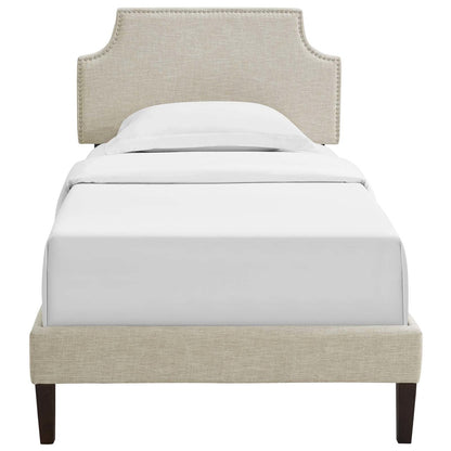 Corene Twin Fabric Platform Bed with Squared Tapered Legs, Twin Size, Fabric Copper Nail Rivet, Beige, 14625