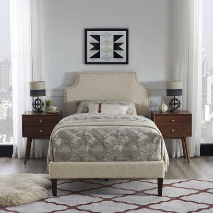 Corene Twin Fabric Platform Bed with Squared Tapered Legs, Twin Size, Fabric Copper Nail Rivet, Beige, 14625