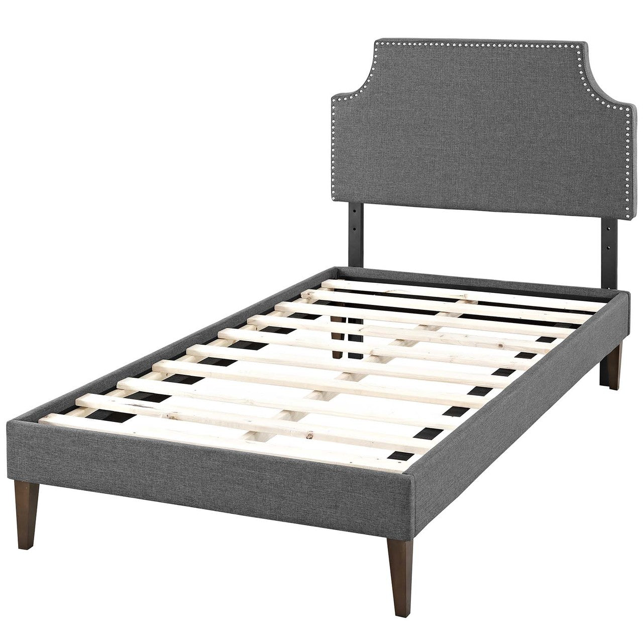 Corene Twin Fabric Platform Bed with Squared Tapered Legs, Twin Size, Fabric Copper Nail Rivet, Grey Gray, 14626