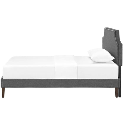 Corene Twin Fabric Platform Bed with Squared Tapered Legs, Twin Size, Fabric Copper Nail Rivet, Grey Gray, 14626