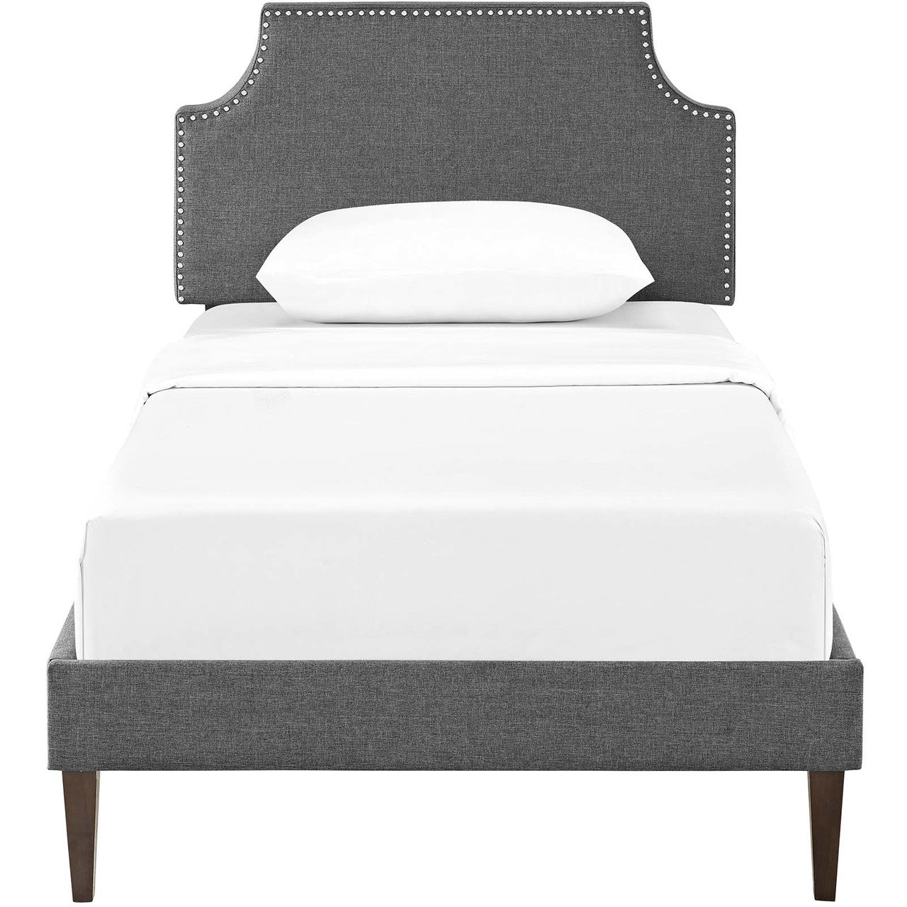 Corene Twin Fabric Platform Bed with Squared Tapered Legs, Twin Size, Fabric Copper Nail Rivet, Grey Gray, 14626