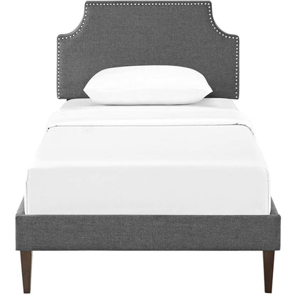 Corene Twin Fabric Platform Bed with Squared Tapered Legs, Twin Size, Fabric Copper Nail Rivet, Grey Gray, 14626
