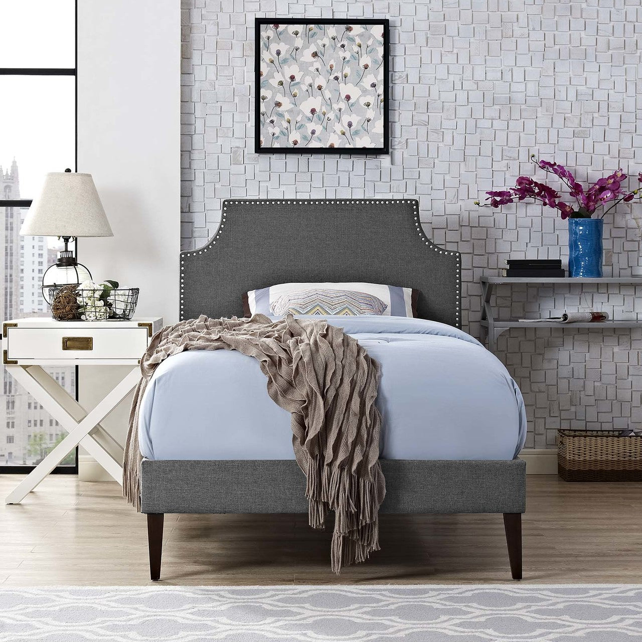 Corene Twin Fabric Platform Bed with Squared Tapered Legs, Twin Size, Fabric Copper Nail Rivet, Grey Gray, 14626