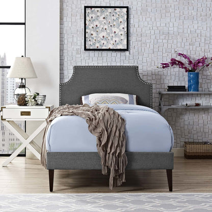 Corene Twin Fabric Platform Bed with Squared Tapered Legs, Twin Size, Fabric Copper Nail Rivet, Grey Gray, 14626