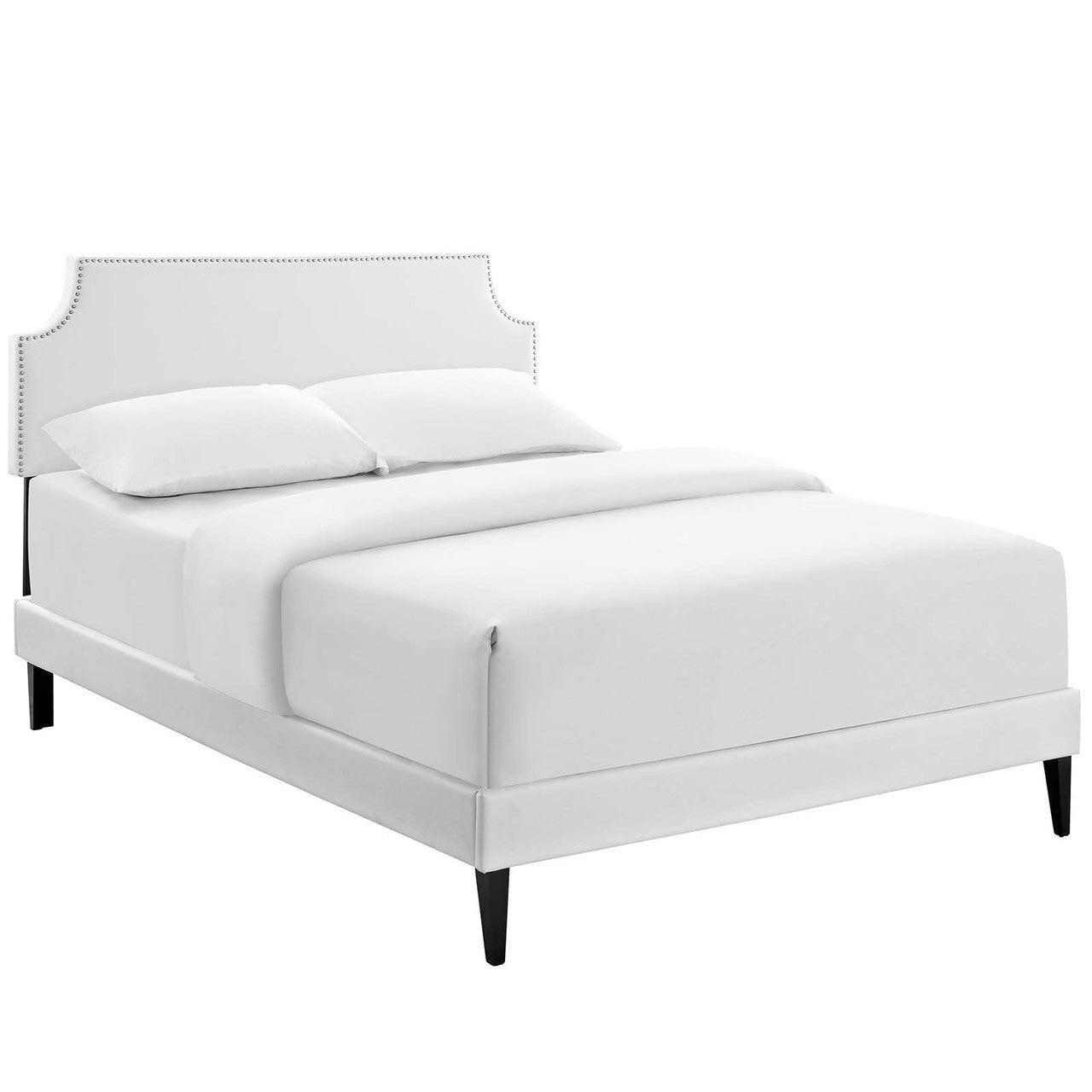 Corene Full Vinyl Platform Bed with Squared Tapered Legs, Full Size, Faux Vinyl Leather, White, 14628