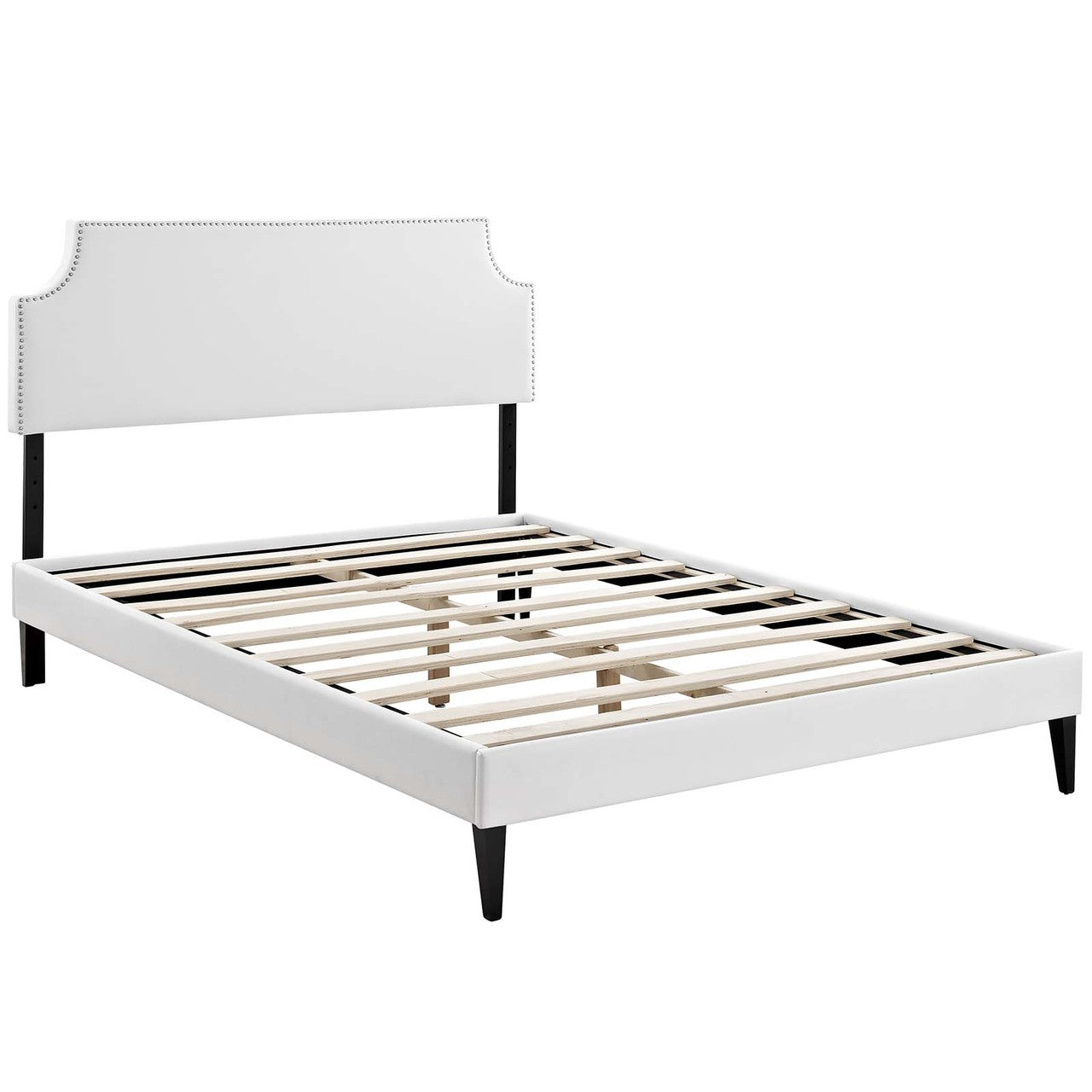 Corene Full Vinyl Platform Bed with Squared Tapered Legs, Full Size, Faux Vinyl Leather, White, 14628