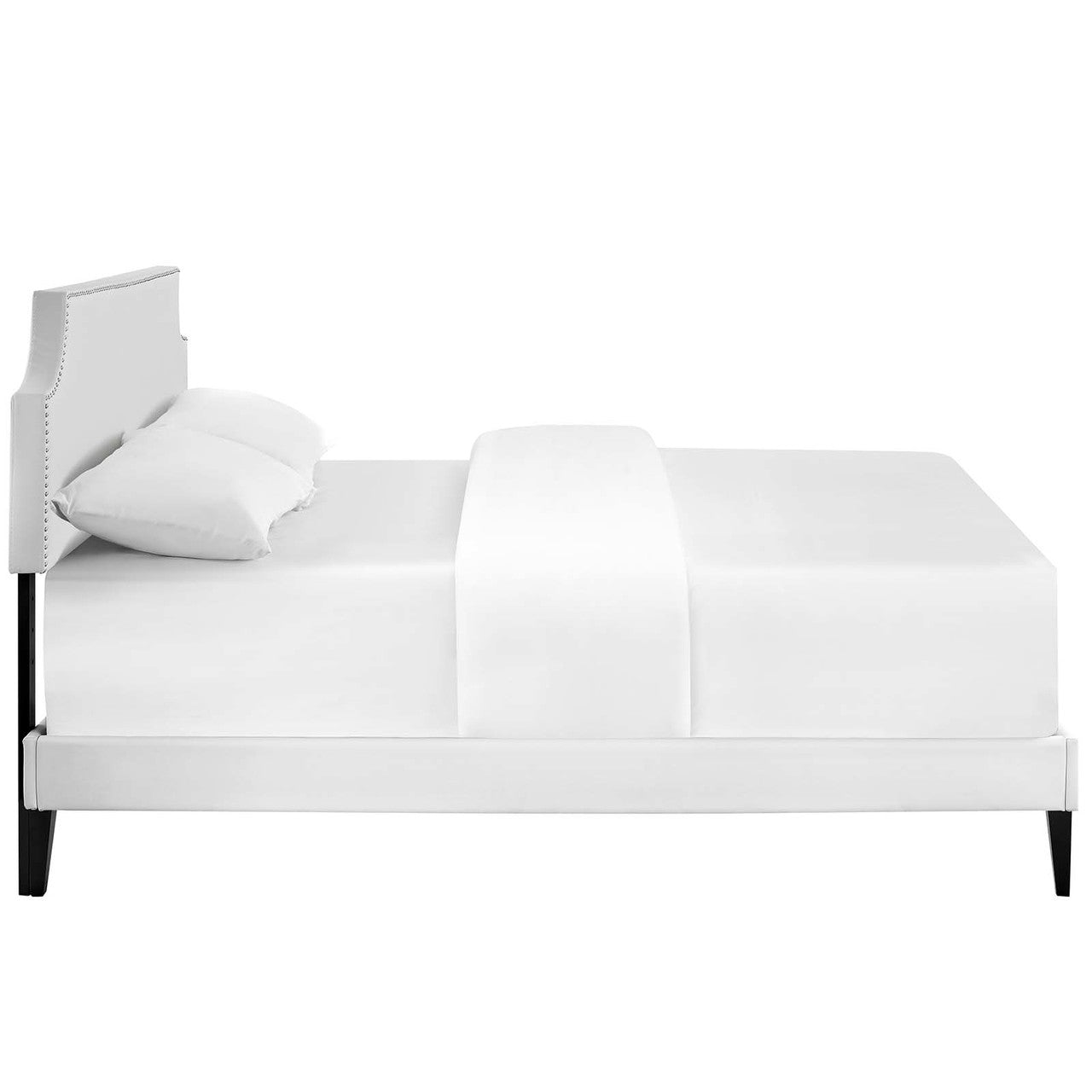 Corene Full Vinyl Platform Bed with Squared Tapered Legs, Full Size, Faux Vinyl Leather, White, 14628