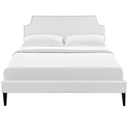 Corene Full Vinyl Platform Bed with Squared Tapered Legs, Full Size, Faux Vinyl Leather, White, 14628