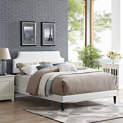 Corene Full Vinyl Platform Bed with Squared Tapered Legs, Full Size, Faux Vinyl Leather, White, 14628