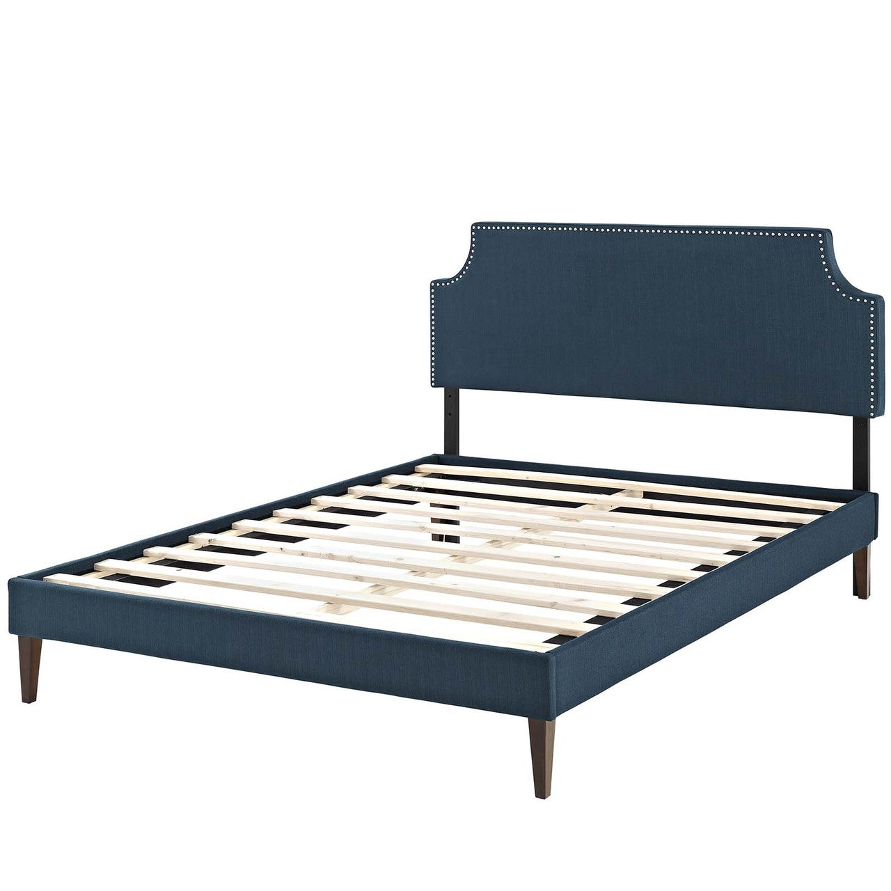 Corene Full Fabric Platform Bed with Squared Tapered Legs, Full Size, Fabric Copper Nail Rivet, Navy Blue, 14629
