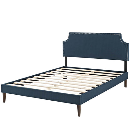 Corene Full Fabric Platform Bed with Squared Tapered Legs, Full Size, Fabric Copper Nail Rivet, Navy Blue, 14629