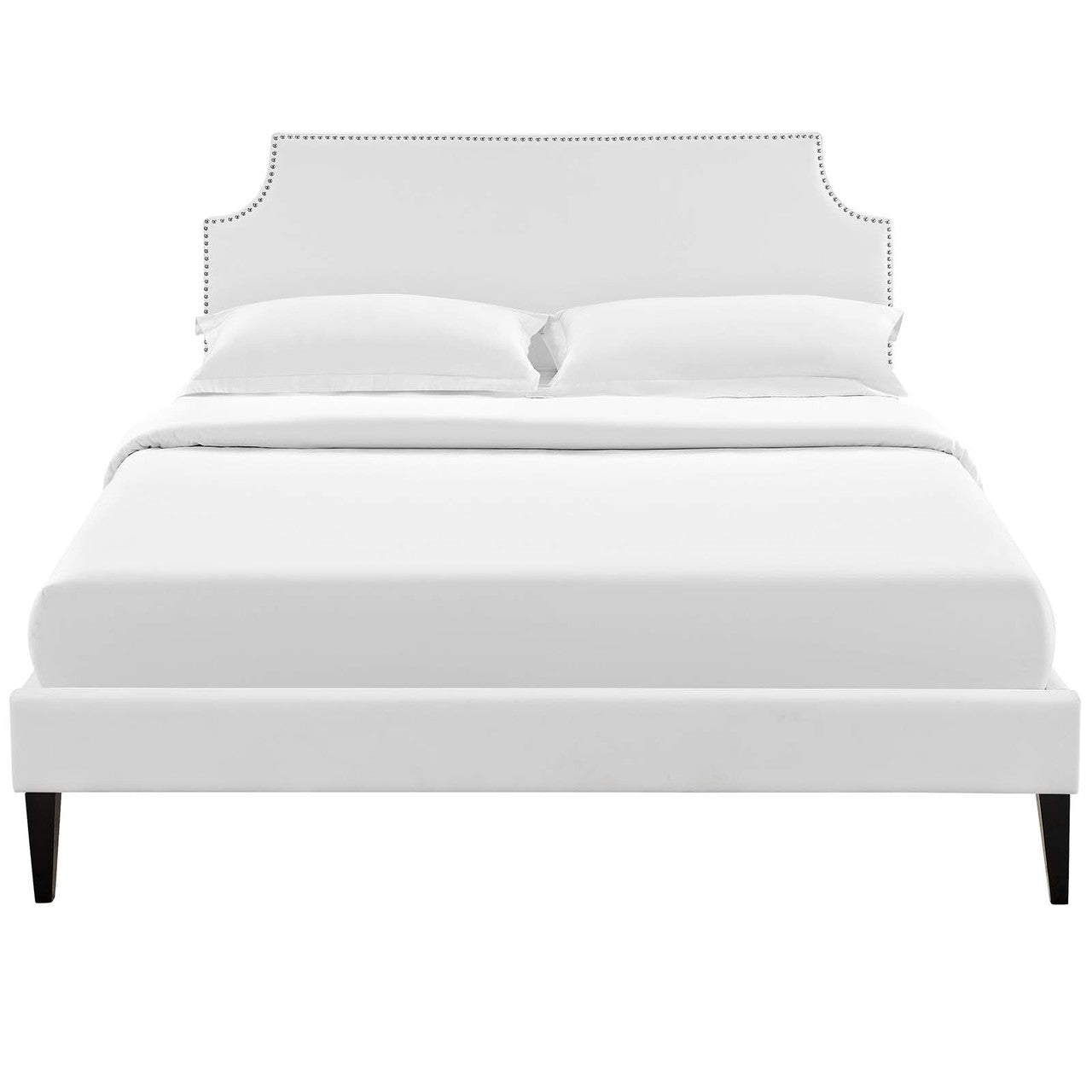 Corene Queen Vinyl Platform Bed with Squared Tapered Legs, Queen Size, Faux Vinyl Leather, White, 14633