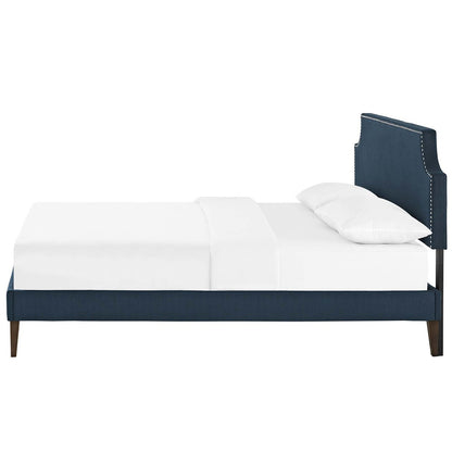 Corene Queen Fabric Platform Bed with Squared Tapered Legs, Queen Size, Fabric Copper Nail Rivet, Navy Blue, 14634