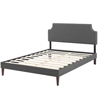 Corene Queen Fabric Platform Bed with Squared Tapered Legs, Queen Size, Fabric Copper Nail Rivet, Grey Gray, 14636