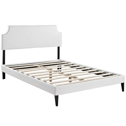 Corene King Vinyl Platform Bed with Squared Tapered Legs, King Size, Faux Vinyl Leather, White, 14638