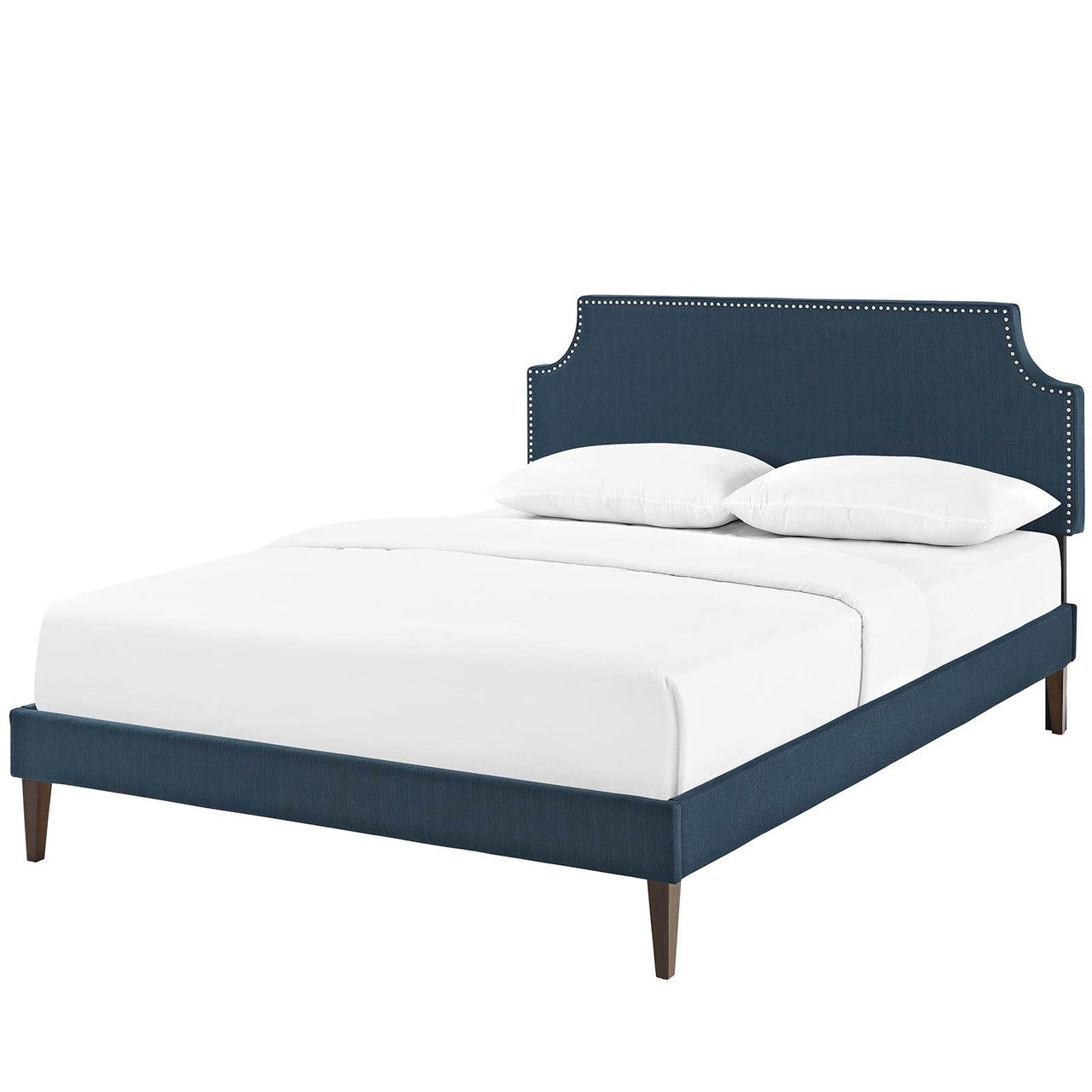 Corene King Fabric Platform Bed with Squared Tapered Legs, King Size, Fabric Copper Nail Rivet, Navy Blue, 14639