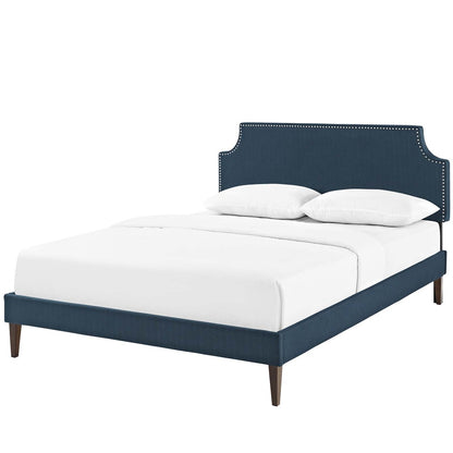 Corene King Fabric Platform Bed with Squared Tapered Legs, King Size, Fabric Copper Nail Rivet, Navy Blue, 14639