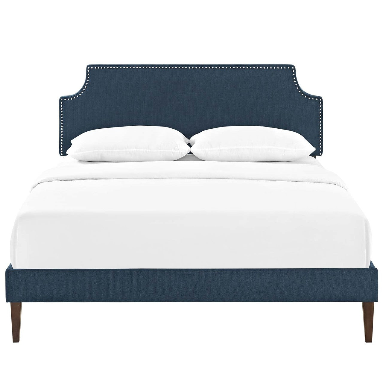 Corene King Fabric Platform Bed with Squared Tapered Legs, King Size, Fabric Copper Nail Rivet, Navy Blue, 14639
